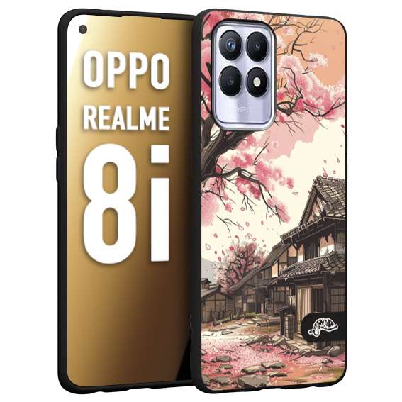 CUSTOMIZZA - Custodia cover nera morbida in tpu compatibile per Realme 8i casa giapponese rosa ciliegio in fiore disegnata tattoo