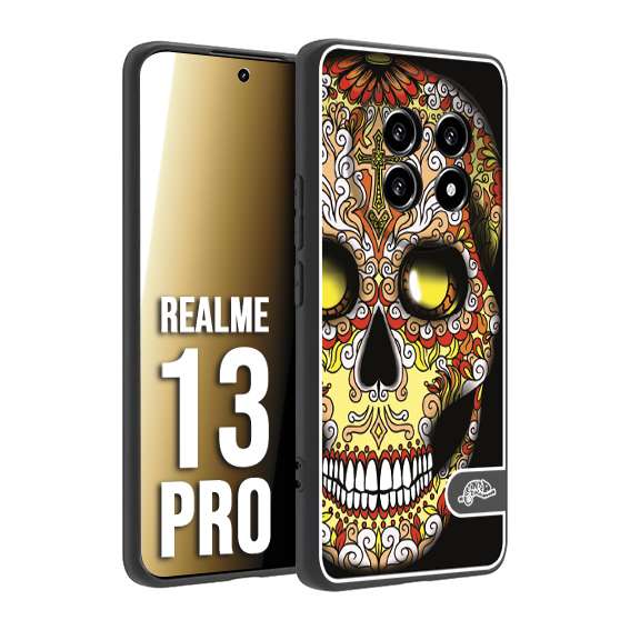 CUSTOMIZZA - Custodia cover nera morbida in tpu compatibile per Realme 13 PRO teschio messicano Mexican skull giallo rosso arancio