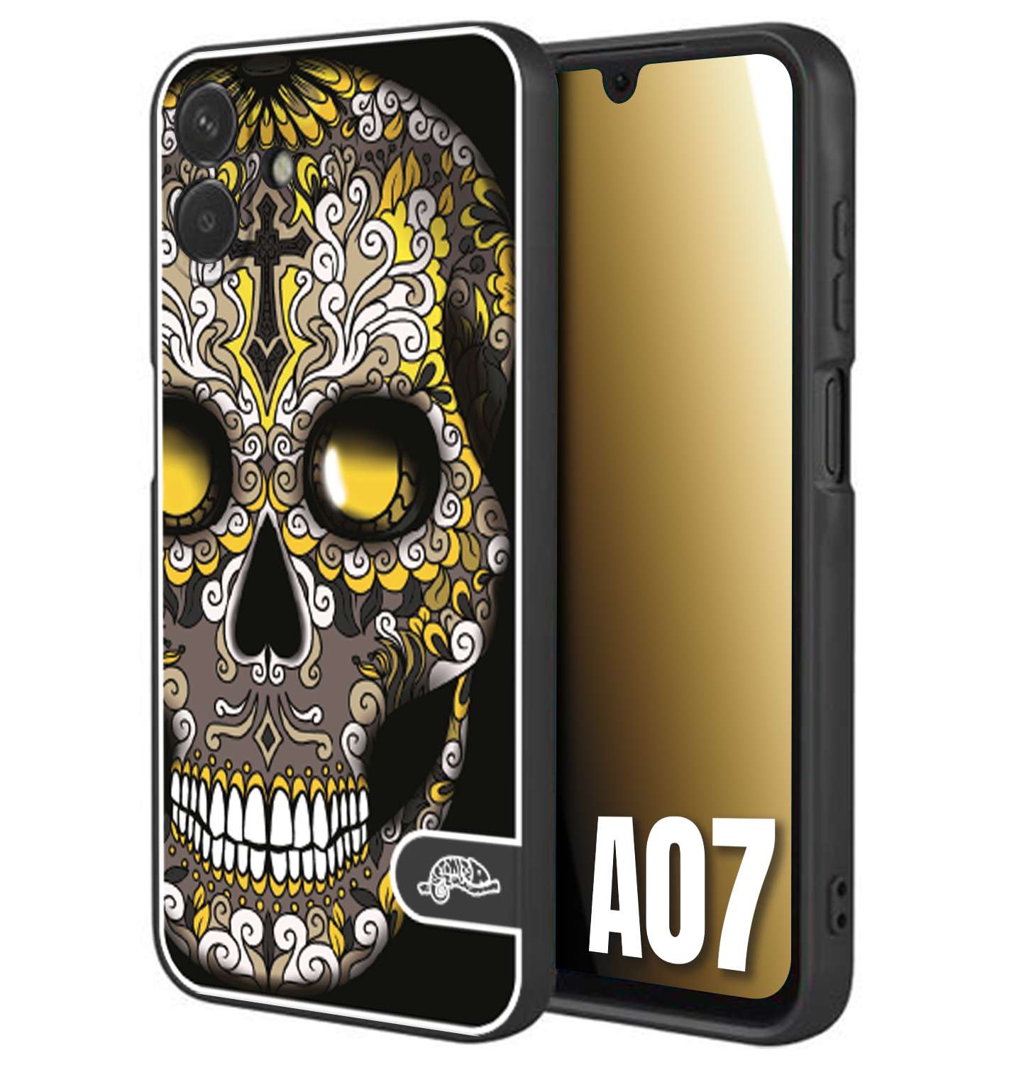 CUSTOMIZZA - Custodia cover nera morbida in tpu compatibile per Samsung A07 teschio messicano Mexican skull nero giallo
