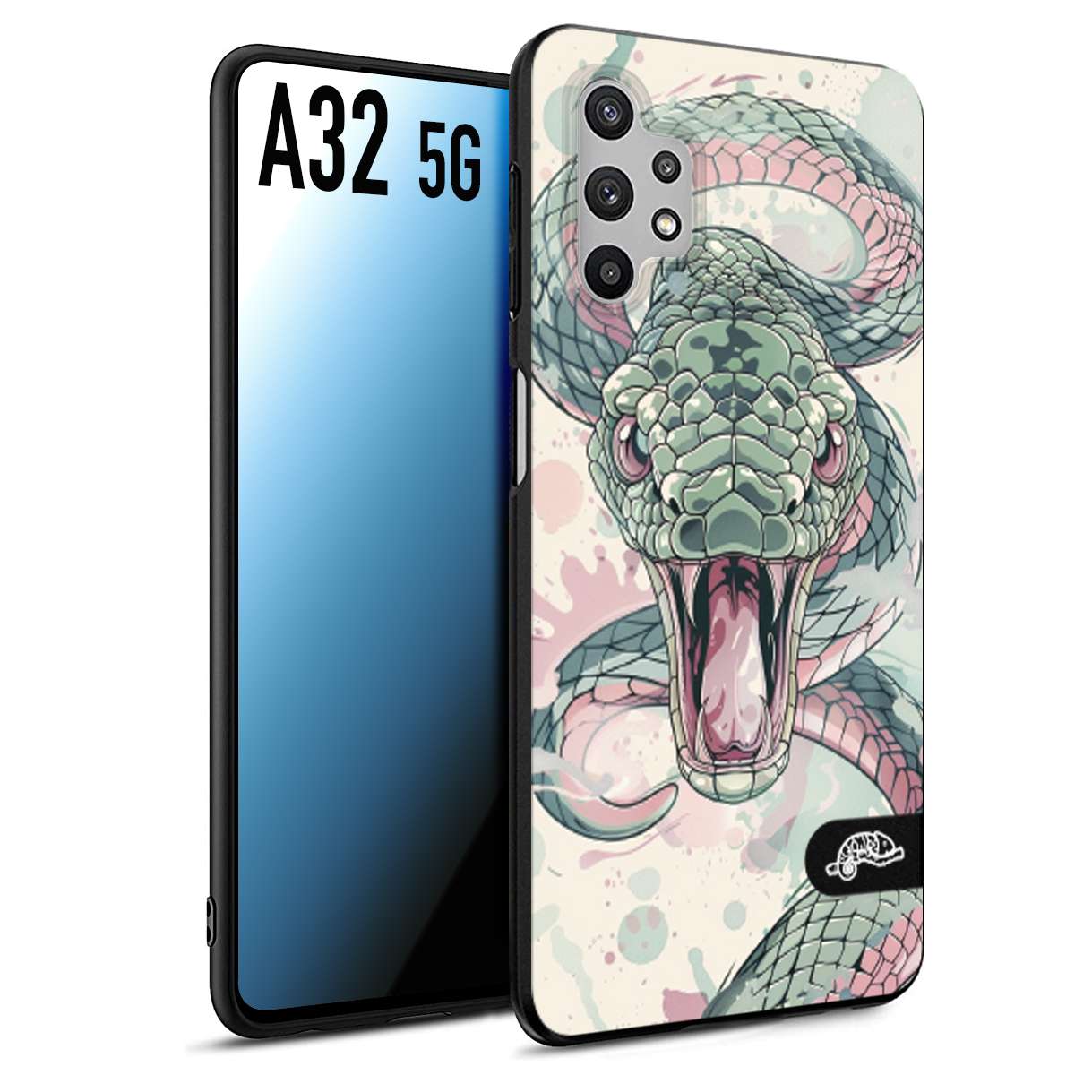 CUSTOMIZZA - Custodia cover nera morbida in tpu compatibile per Samsung A32 5G snake pink green serpente tatuaggio tattoo disegnato a mano
