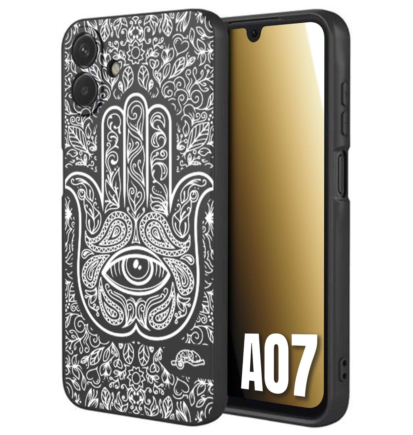 CUSTOMIZZA - Custodia cover nera morbida in tpu compatibile per Samsung A07 mano di fatima effetto rilievo mandala donna