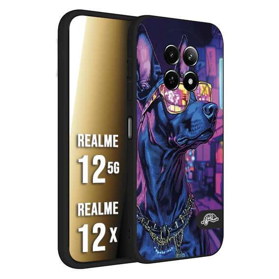 CUSTOMIZZA - Custodia cover nera morbida in tpu compatibile per Realme 12 5G - 12X animali cyberpunk dobermann cane street dog fucsia blu night