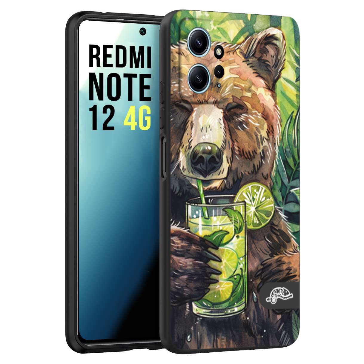CUSTOMIZZA - Custodia cover nera morbida in tpu compatibile per Xiaomi Redmi Note 12 4G estate disegnata cocktails animali simpatici orso bear negroni