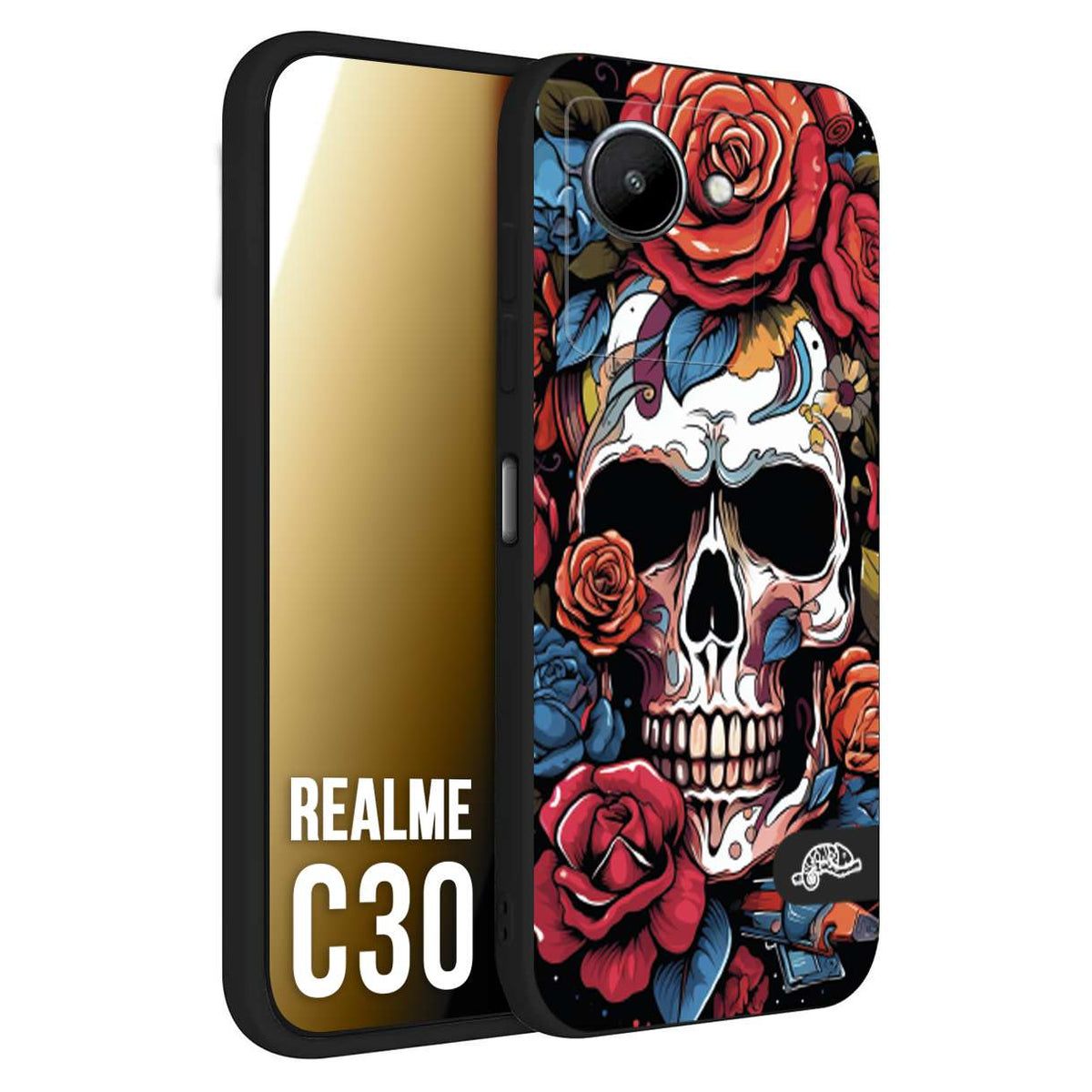 CUSTOMIZZA - Custodia cover nera morbida in tpu compatibile per Realme C30 teschio skull flowers fiori rose rosse tattoo disegnato