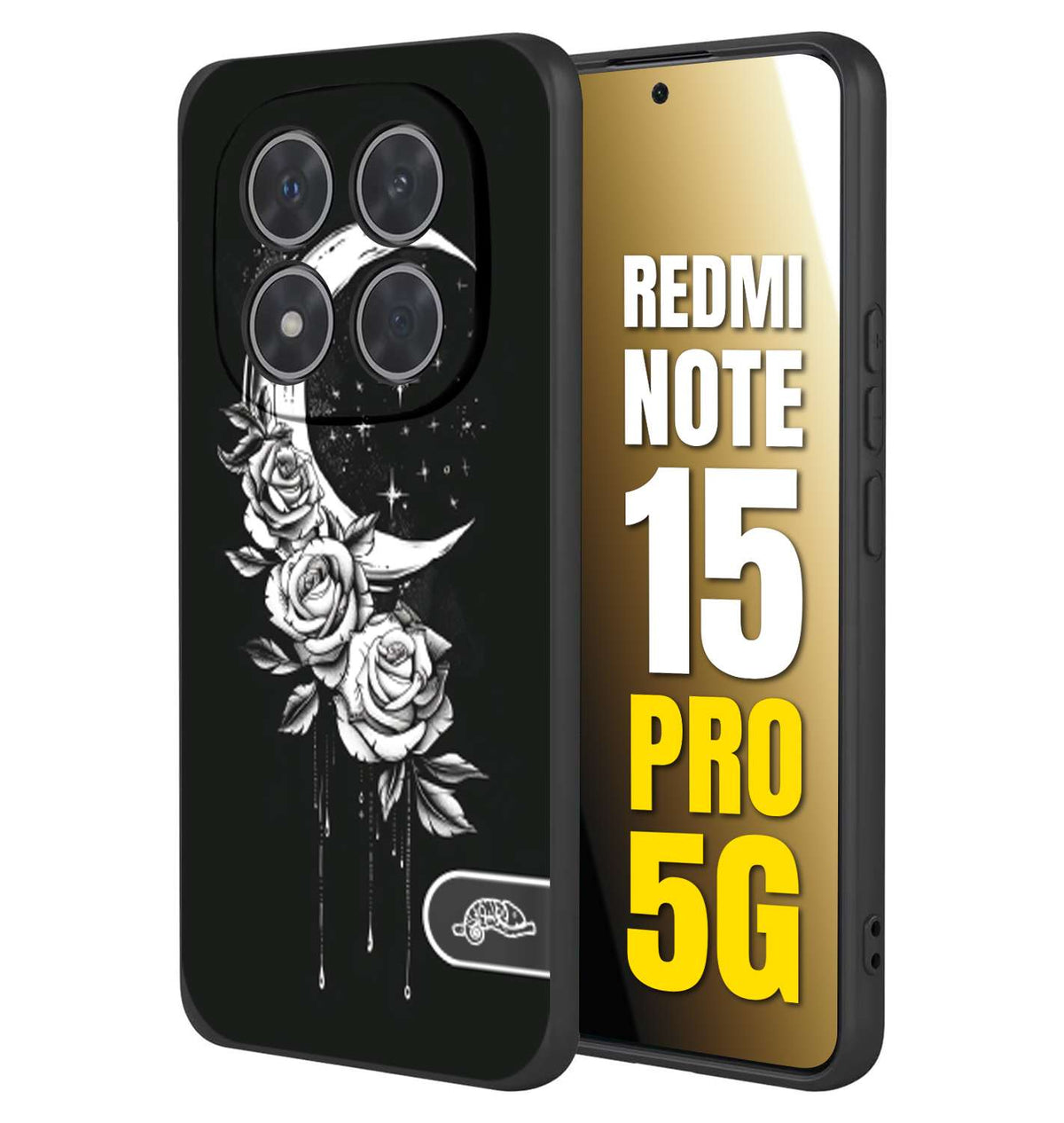 CUSTOMIZZA - Custodia cover nera morbida in tpu compatibile per Xiaomi Redmi Note 15 PRO 5G luna e fiori moon flowers black and white bianco a rilievo disegnato