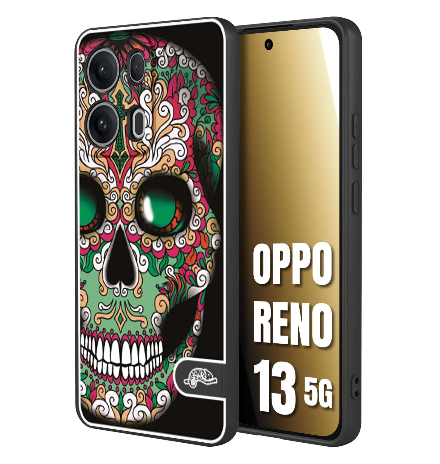 CUSTOMIZZA - Custodia cover nera morbida in tpu compatibile per Oppo Reno 13 5G teschio messicano Mexican skull verde fucsia