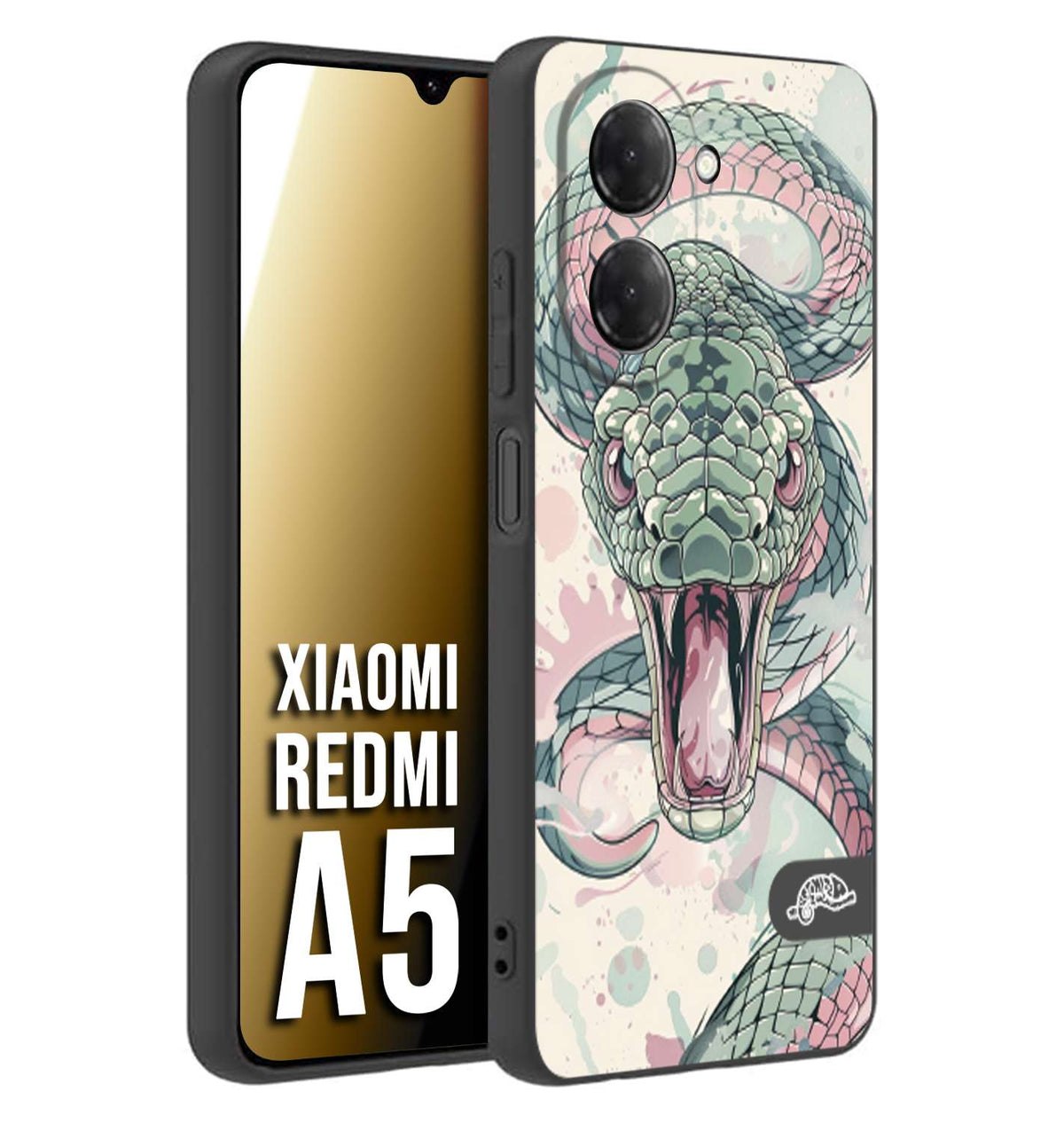 CUSTOMIZZA - Custodia cover nera morbida in tpu compatibile per Xiaomi Redmi A5 snake pink green serpente tatuaggio tattoo disegnato a mano