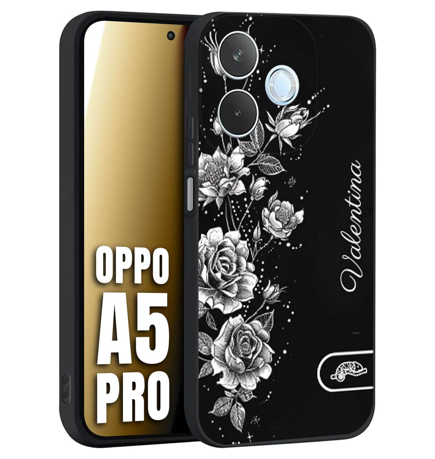 CUSTOMIZZA - Custodia cover nera morbida in tpu compatibile per Oppo A5 PRO personalizzata rilievo soft touch nome rose fiori donna