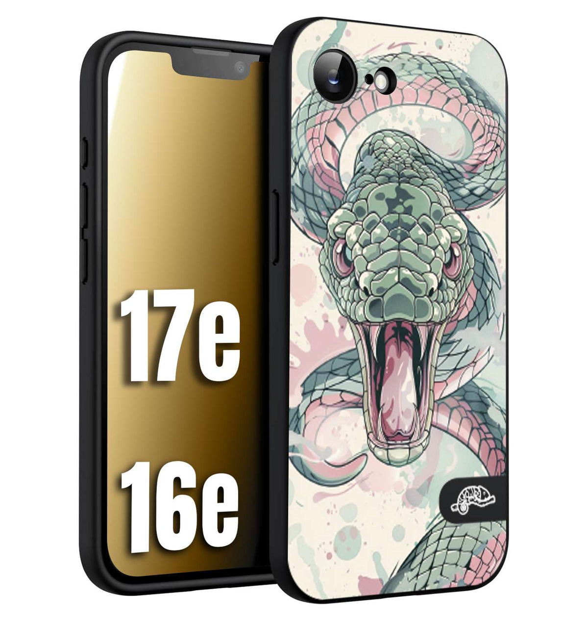 CUSTOMIZZA - Custodia cover nera morbida in tpu compatibile per iPhone 16E - 17E snake pink green serpente tatuaggio tattoo disegnato a mano