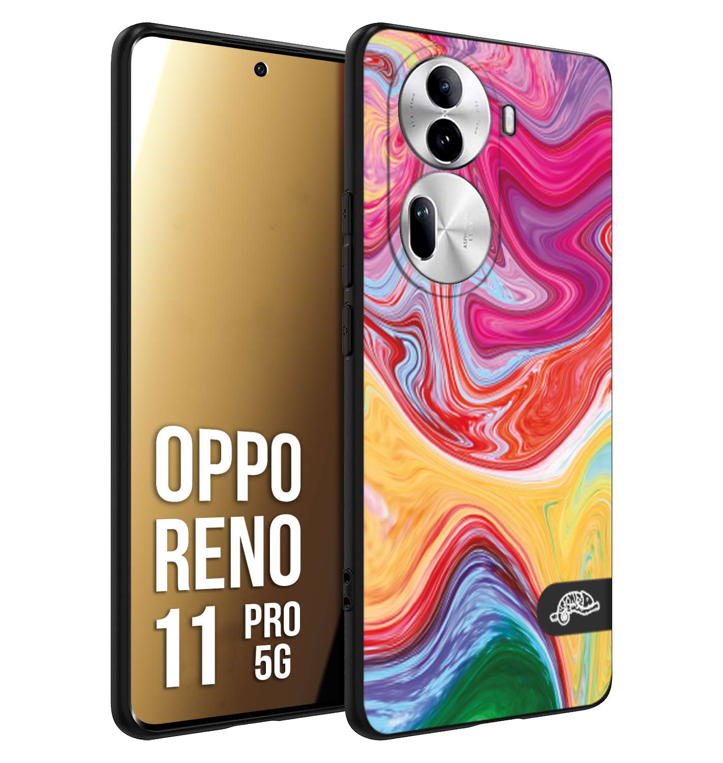 CUSTOMIZZA - Custodia cover nera morbida in tpu compatibile per Oppo Reno 11 PRO 5G colorata fantasia vortice marmo onde verde fucsia gialla