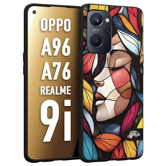 CUSTOMIZZA - Custodia cover nera morbida in tpu compatibile per Realme 9i - A96 - A76 Vetrata artistica volto di donna profilo fogliare mosaico di vetro colorato