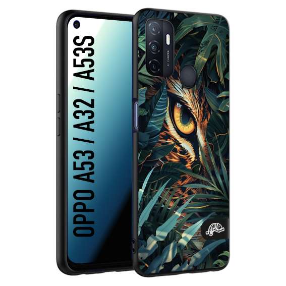 CUSTOMIZZA - Custodia cover nera morbida in tpu compatibile per Oppo A53 - A32 - A53S animali color giungla tropicale occhio di giaguaro felino disegnato