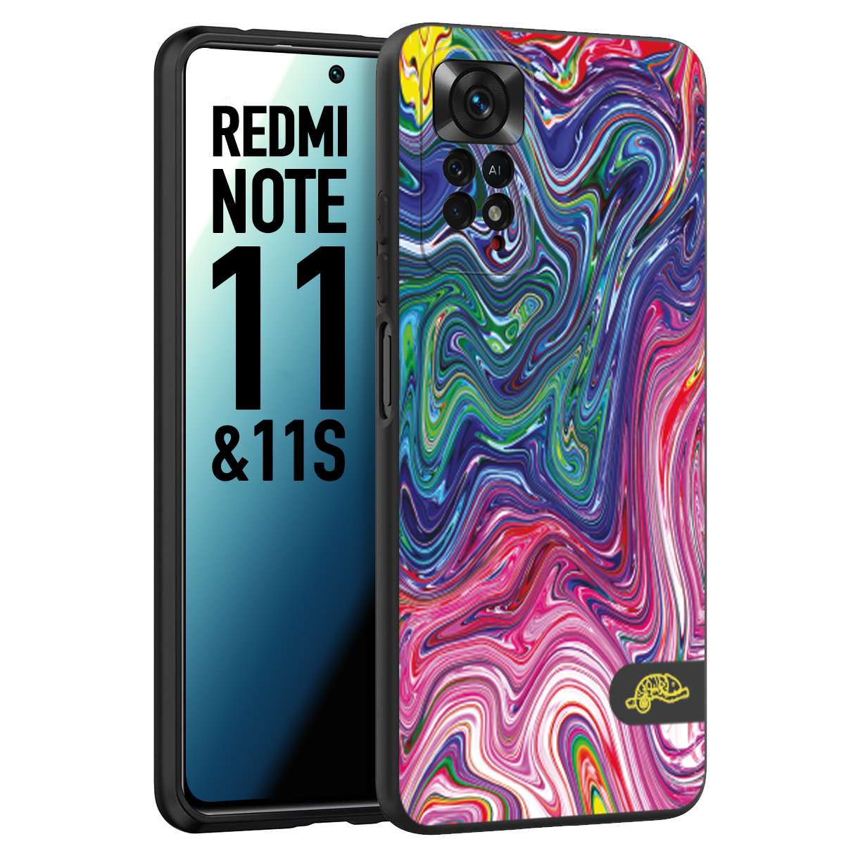 CUSTOMIZZA - Custodia cover nera morbida in tpu compatibile per Xiaomi Redmi Note 11 - Note 11S colorata fantasia vortice marmo arcobaleno rosa blu fucsia