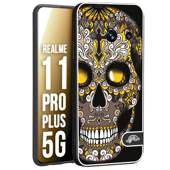 CUSTOMIZZA - Custodia cover nera morbida in tpu compatibile per Oppo Realme 11 PRO PLUS 5G teschio messicano Mexican skull nero giallo