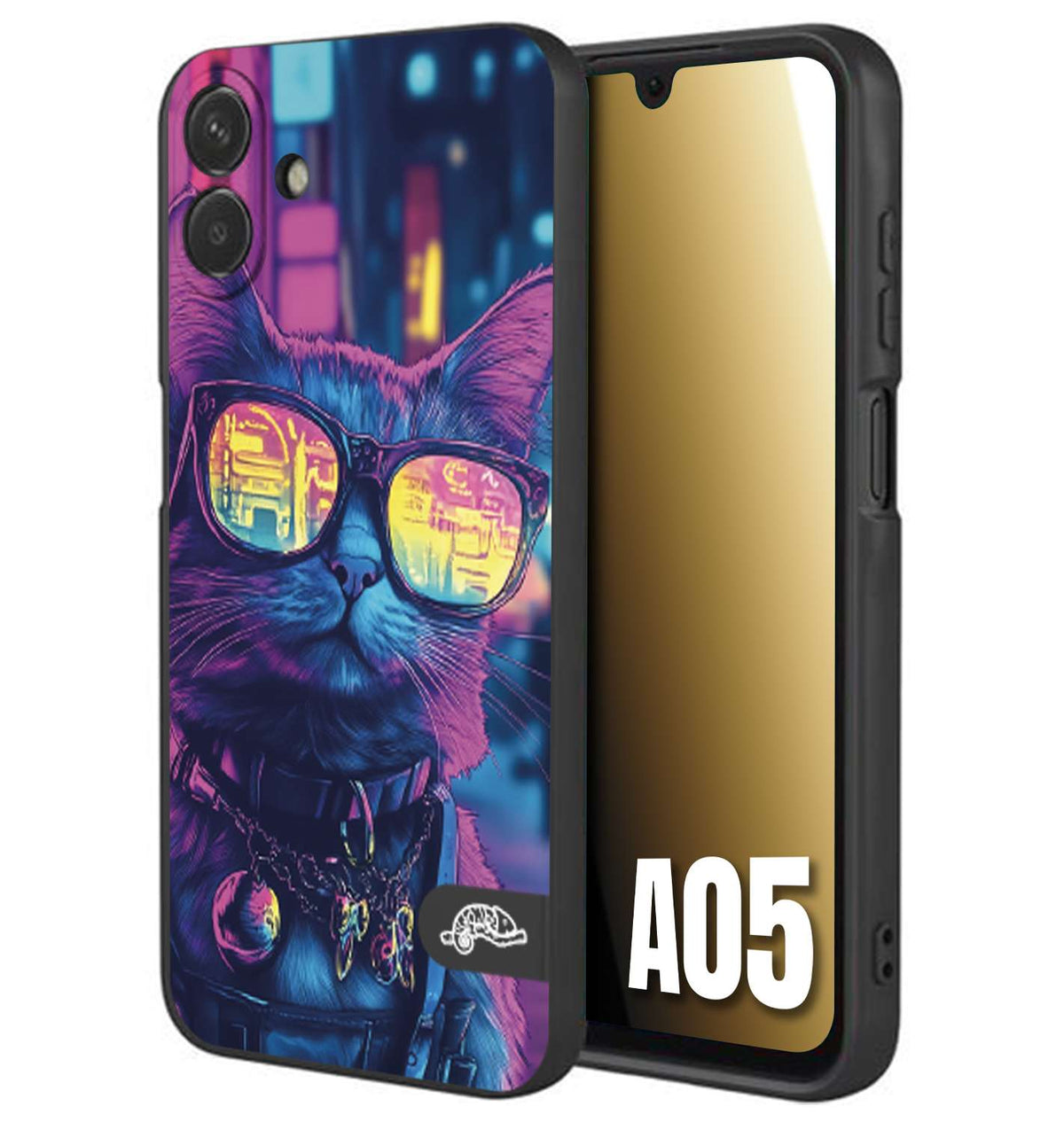 CUSTOMIZZA - Custodia cover nera morbida in tpu compatibile per Samsung A05 animali cyberpunk gatto street cat fucsia blu giallo