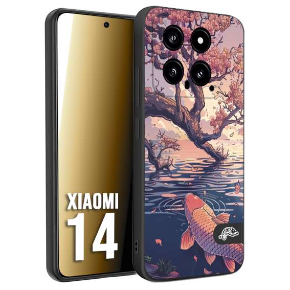 CUSTOMIZZA - Custodia cover nera morbida in tpu compatibile per Xiaomi 14 giapponese lago carpa koi rosa con foglie d'acero disegnata tattoo