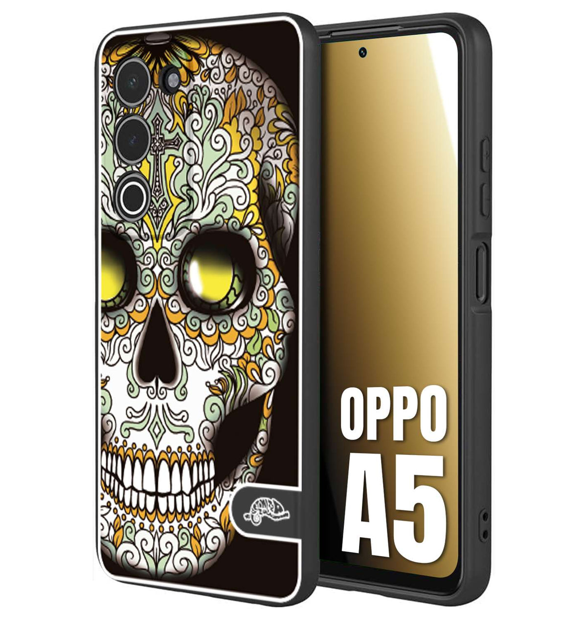 CUSTOMIZZA - Custodia cover nera morbida in tpu compatibile per Oppo A5 teschio messicano Mexican skull bianco verde giallo