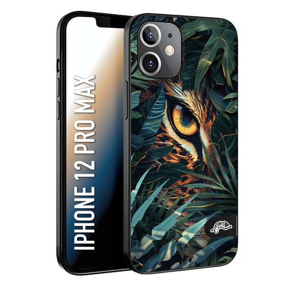 CUSTOMIZZA - Custodia cover nera morbida in tpu compatibile per iPhone 12 PRO MAX animali color giungla tropicale occhio di giaguaro felino disegnato