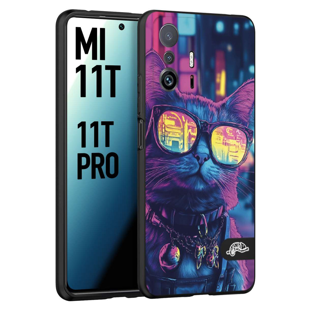 CUSTOMIZZA - Custodia cover nera morbida in tpu compatibile per Xiaomi Mi 11T - Mi 11T PRO animali cyberpunk gatto street cat fucsia blu giallo