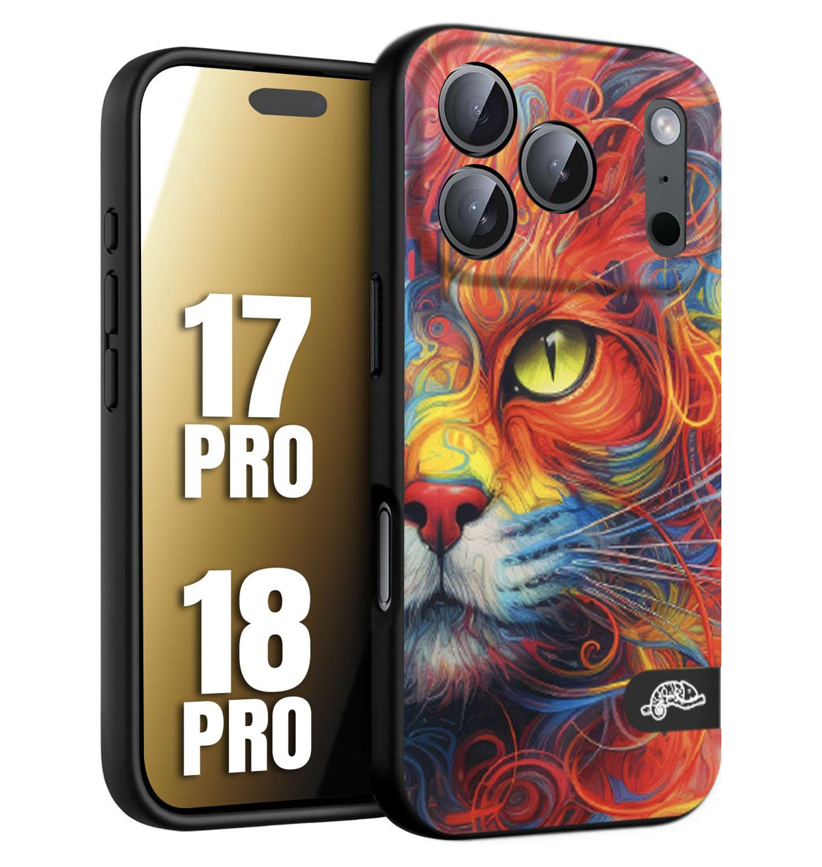 CUSTOMIZZA - Custodia cover nera morbida in tpu compatibile per iPhone 17 PRO - 18 PRO animali color cat gatto viso colori vibranti disegnato schizzo