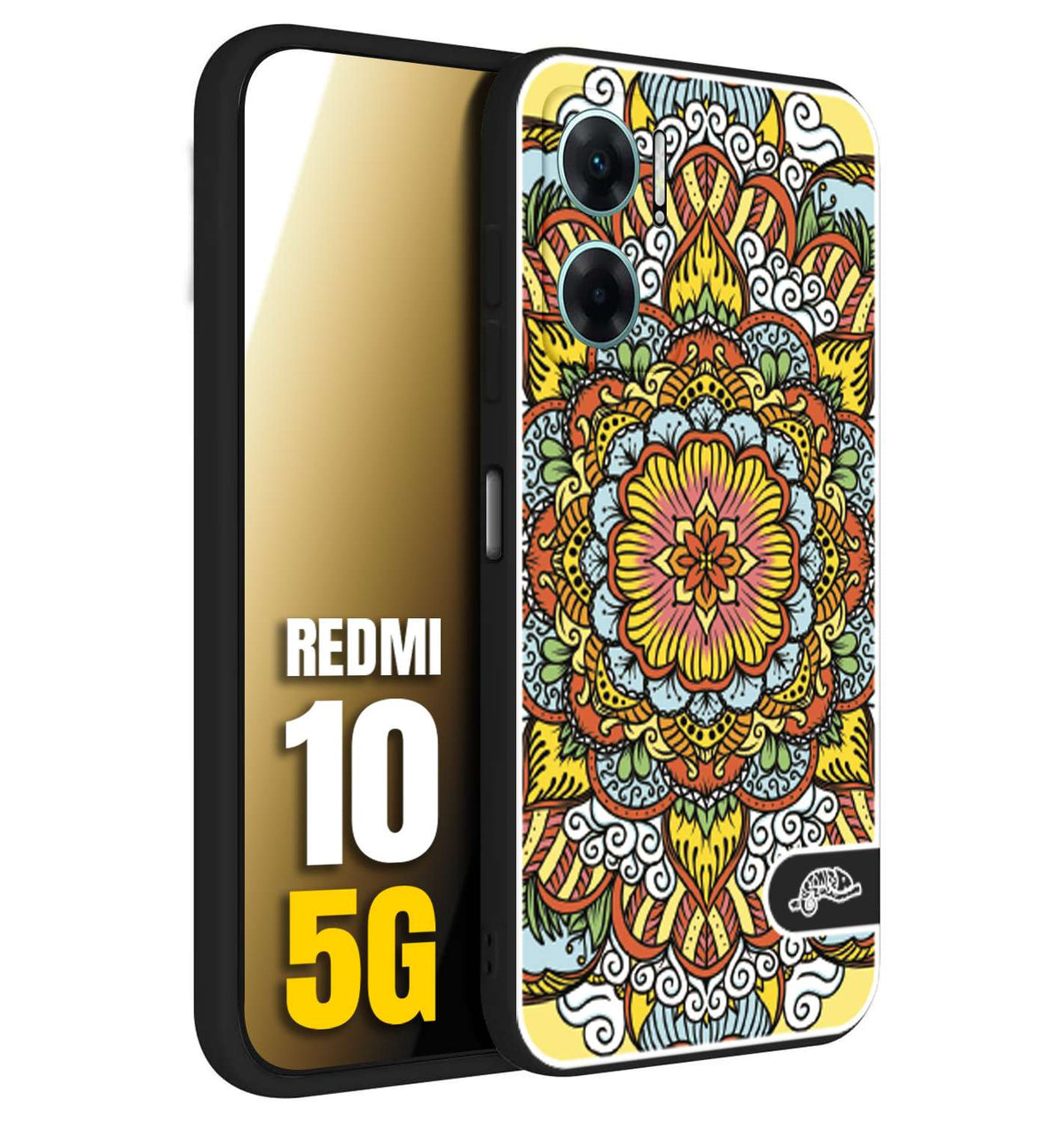 CUSTOMIZZA - Custodia cover nera morbida in tpu compatibile per Xiaomi Redmi 10 5G mandala colorato fiore nuvole arancione