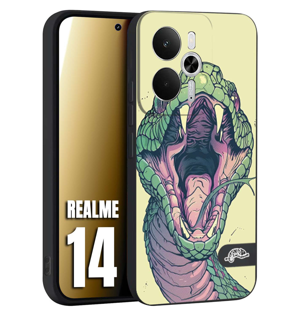 CUSTOMIZZA - Custodia cover nera morbida in tpu compatibile per Realme 14 5G snake yellow green serpente tatuaggio tattoo disegnato a mano