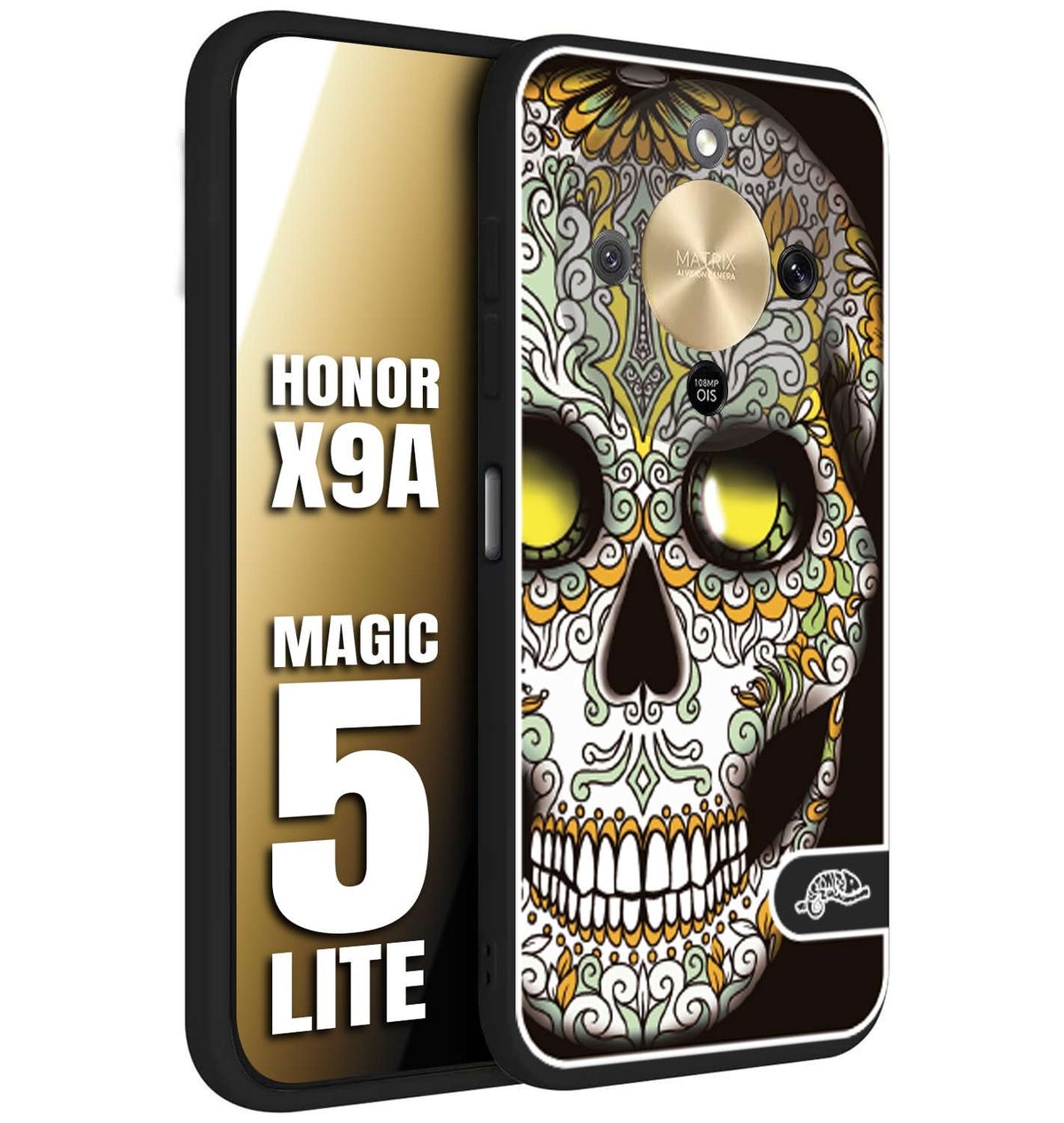 CUSTOMIZZA - Custodia cover nera morbida in tpu compatibile per Honor X9A - Honor Magic 5 Lite teschio messicano Mexican skull bianco verde giallo