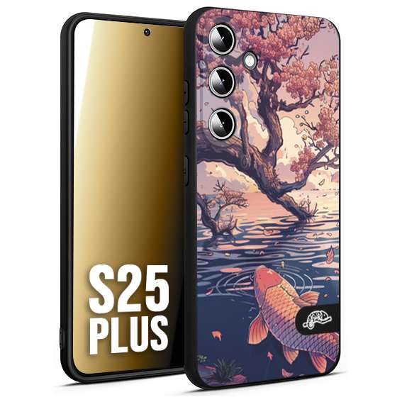 CUSTOMIZZA - Custodia cover nera morbida in tpu compatibile per Samsung S25 PLUS giapponese lago carpa koi rosa con foglie d'acero disegnata tattoo