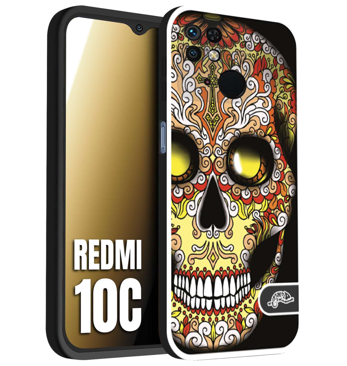 CUSTOMIZZA - Custodia cover nera morbida in tpu compatibile per Xiaomi Redmi 10C teschio messicano Mexican skull giallo rosso arancio