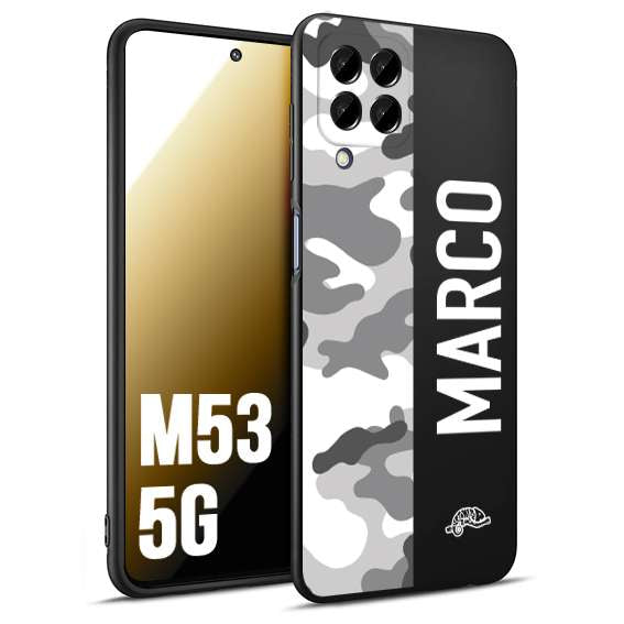 CUSTOMIZZA - Custodia cover nera morbida in tpu compatibile per Samsung M53 5G camouflage mimetico militare personalizzata nome bianco