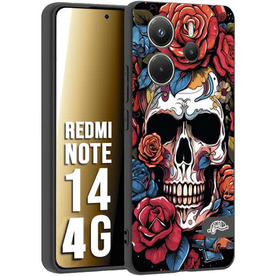 CUSTOMIZZA - Custodia cover nera morbida in tpu compatibile per Xiaomi Redmi Note 14 4G teschio skull flowers fiori rose rosse tattoo disegnato