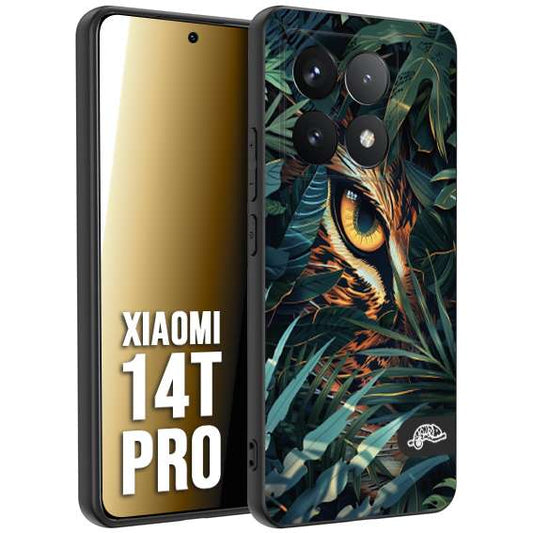 CUSTOMIZZA - Custodia cover nera morbida in tpu compatibile per Xiaomi 14T PRO animali color giungla tropicale occhio di giaguaro felino disegnato