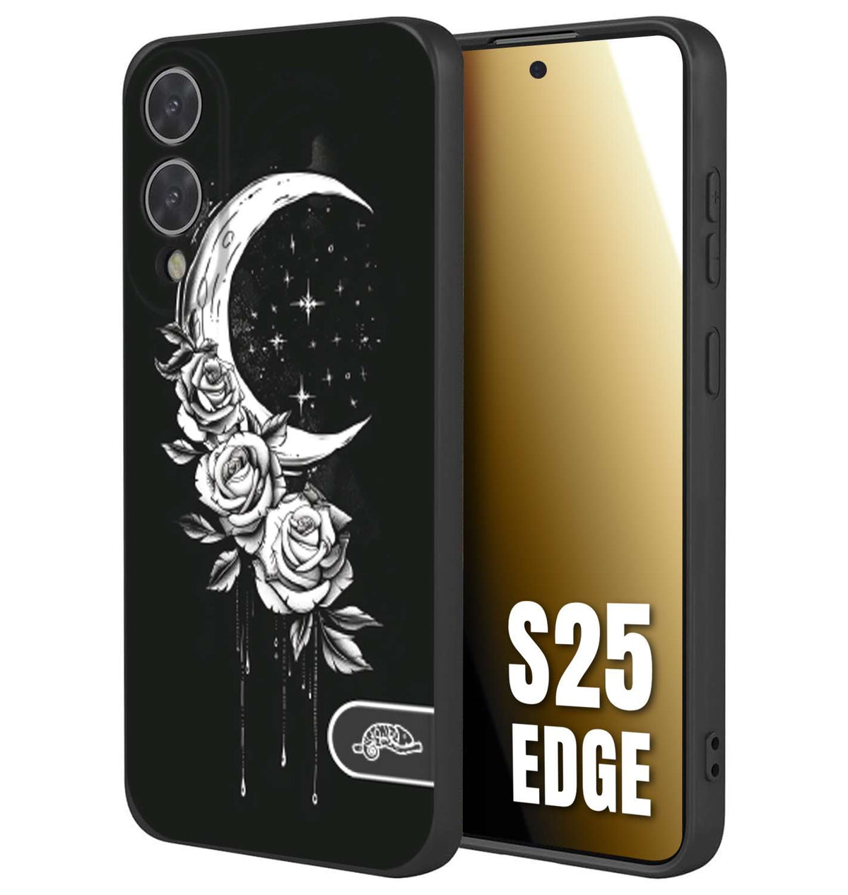 CUSTOMIZZA - Custodia cover nera morbida in tpu compatibile per Samsung S25 EDGE luna e fiori moon flowers black and white bianco a rilievo disegnato