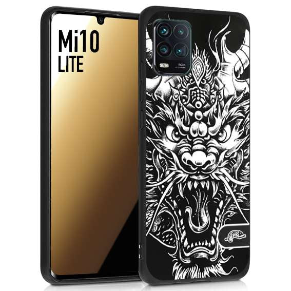 CUSTOMIZZA - Custodia cover nera morbida in tpu compatibile per Xiaomi Mi 10 LITE drago black and white bianco a rilievo disegnato tattoo tatuaggio