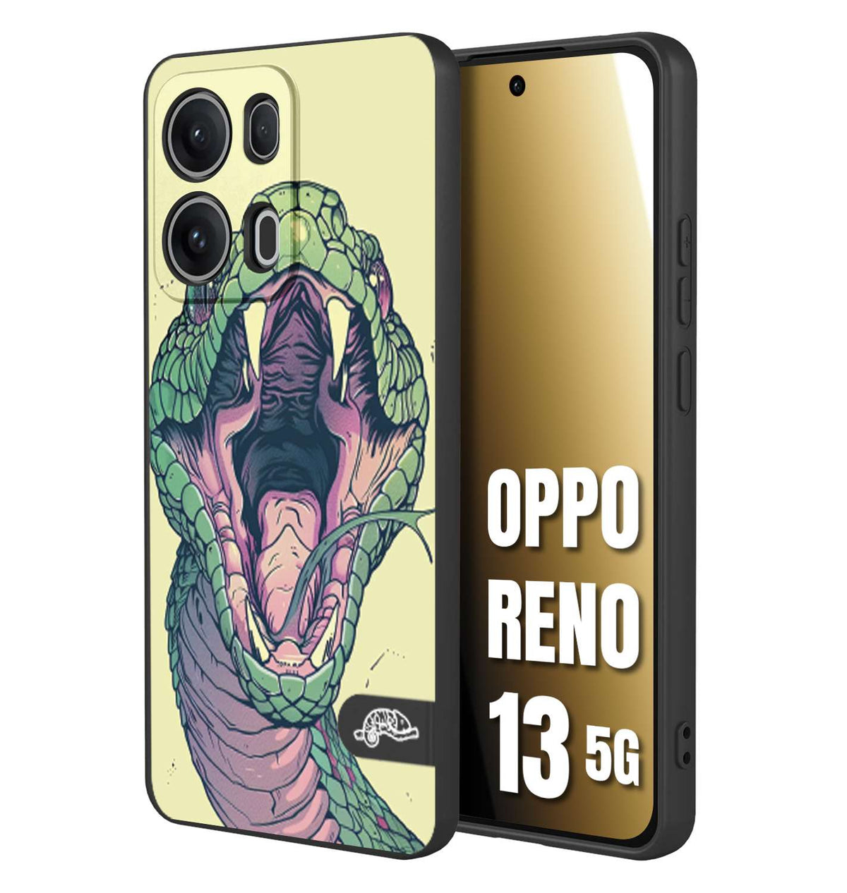 CUSTOMIZZA - Custodia cover nera morbida in tpu compatibile per Oppo Reno 13 5G snake yellow green serpente tatuaggio tattoo disegnato a mano