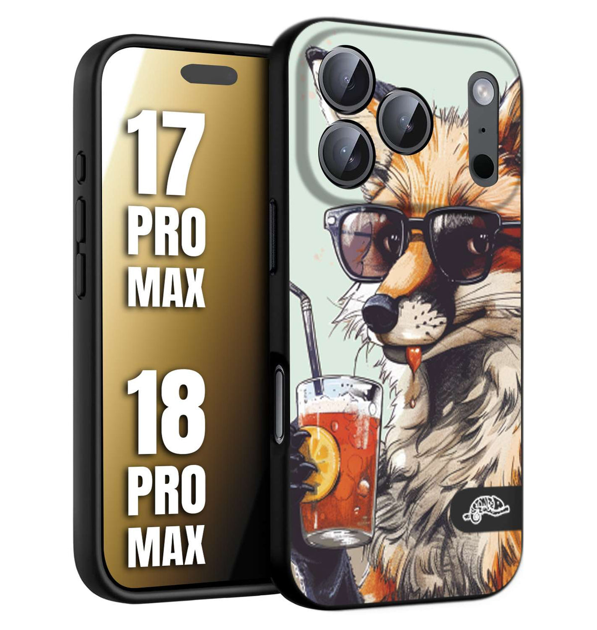 CUSTOMIZZA - Custodia cover nera morbida in tpu compatibile per iPhone 17 PRO MAX - 18 PRO MAX estate disegnata cocktails animali simpatici fox volpe negroni