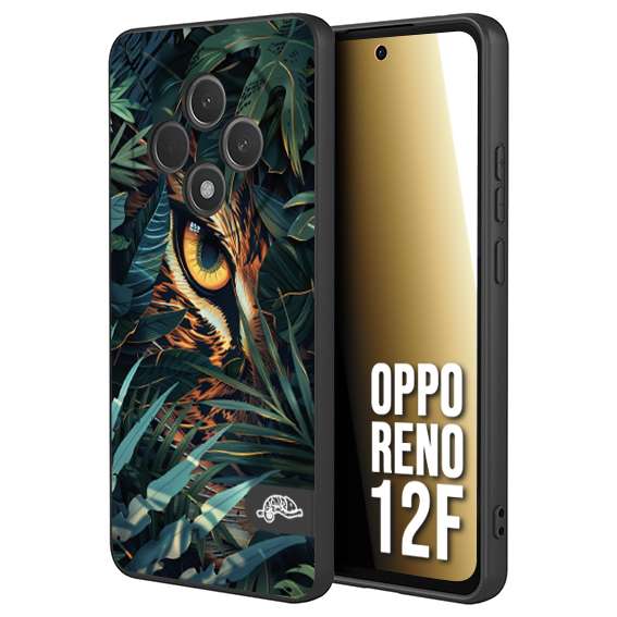 CUSTOMIZZA - Custodia cover nera morbida in tpu compatibile per Oppo Reno 12F animali color giungla tropicale occhio di giaguaro felino disegnato