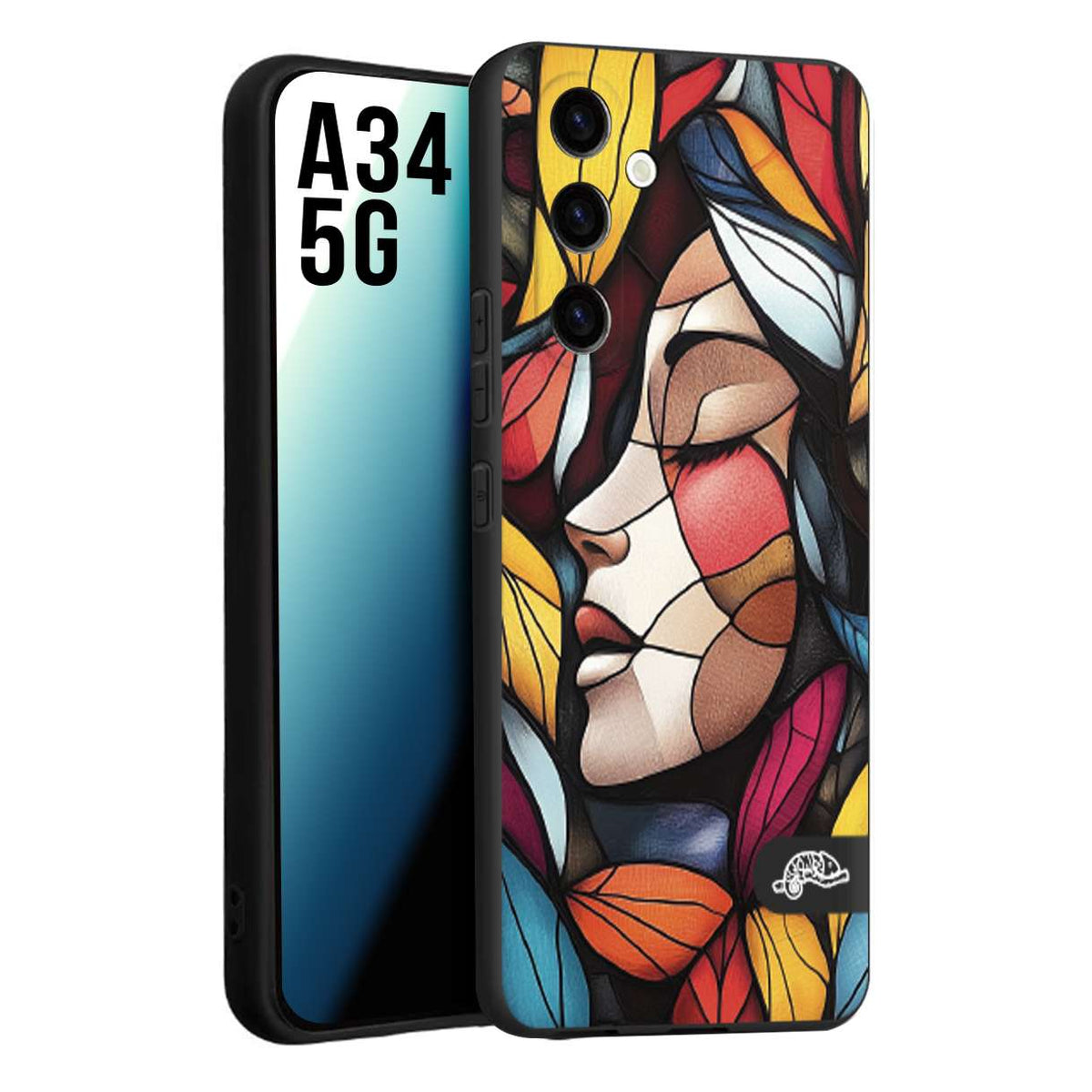 CUSTOMIZZA - Custodia cover nera morbida in tpu compatibile per Samsung A34 5G Vetrata artistica volto di donna profilo fogliare mosaico di vetro colorato
