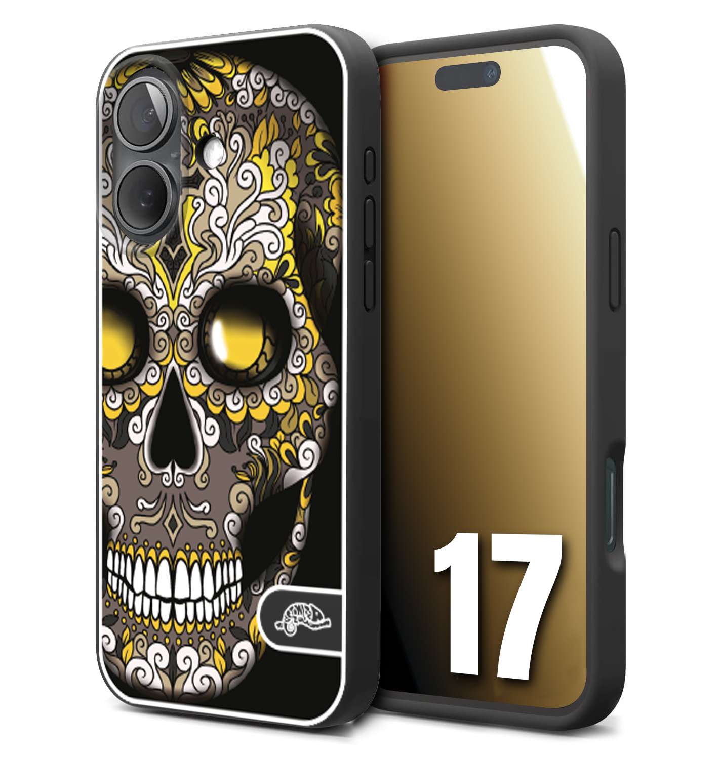 CUSTOMIZZA - Custodia cover nera morbida in tpu compatibile per iPhone 17 teschio messicano Mexican skull nero giallo