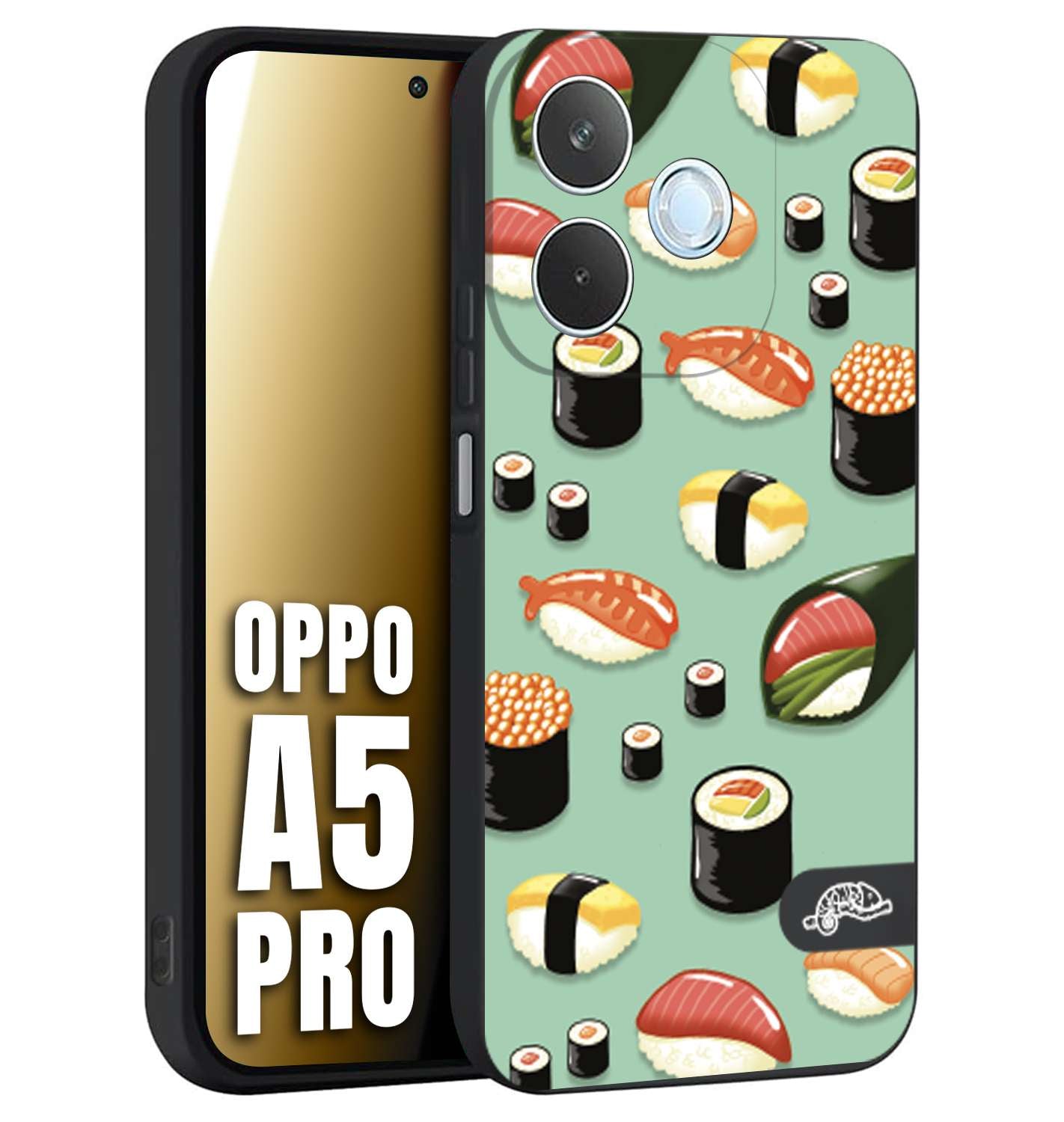 CUSTOMIZZA - Custodia cover nera morbida in tpu compatibile per Oppo A5 PRO sushi disegni giapponese nighiri acquamarina verde