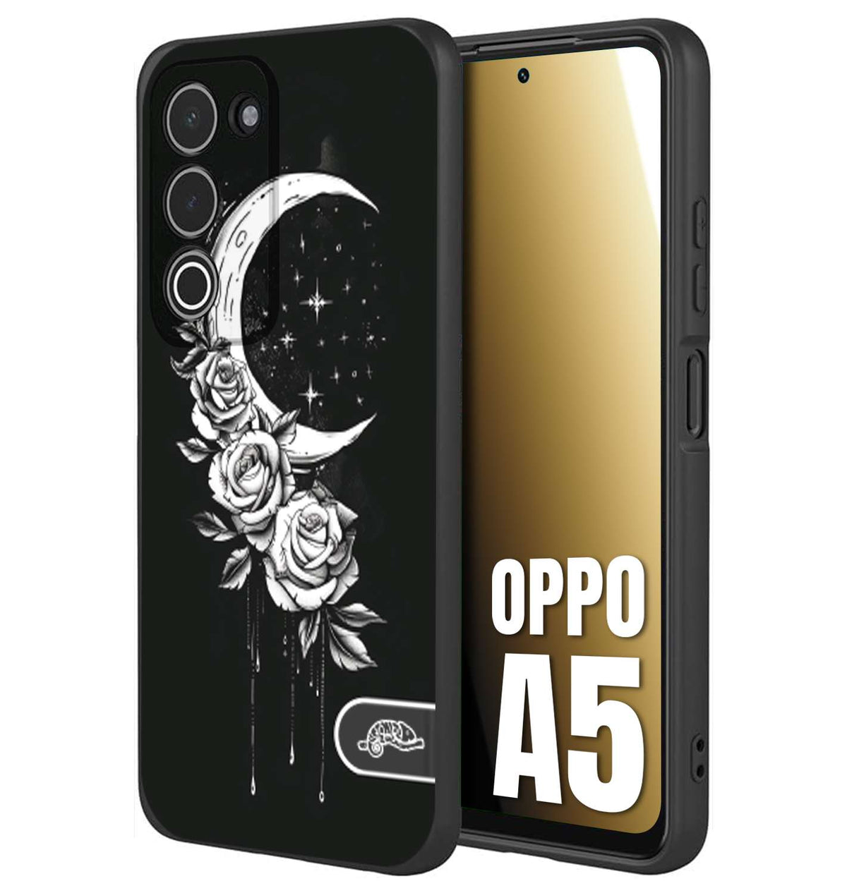 CUSTOMIZZA - Custodia cover nera morbida in tpu compatibile per Oppo A5 luna e fiori moon flowers black and white bianco a rilievo disegnato