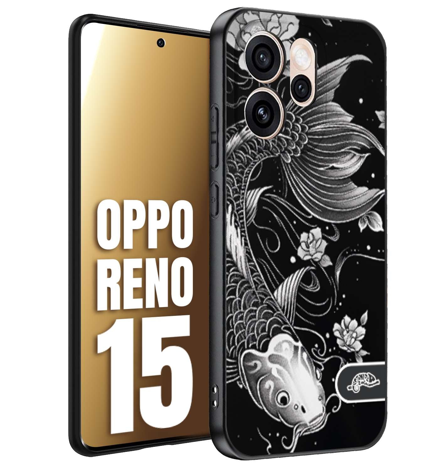 CUSTOMIZZA - Custodia cover nera morbida in tpu compatibile per Oppo Reno 15 carpa koi black and white bianco a rilievo disegnato tattoo tatuaggio