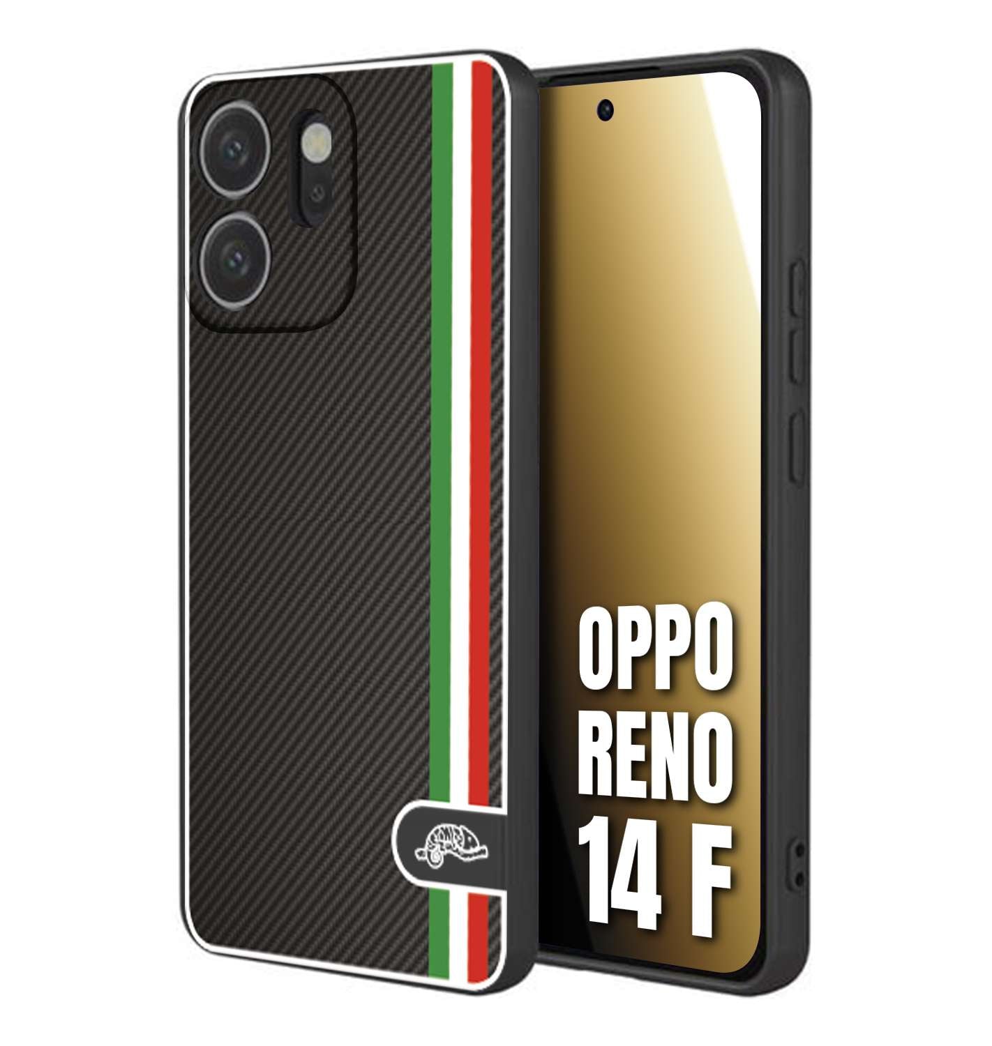 CUSTOMIZZA - Custodia cover nera morbida in tpu compatibile per Oppo Reno 14 F effetto fibra di carbonio bandiera Italia made in Italy
