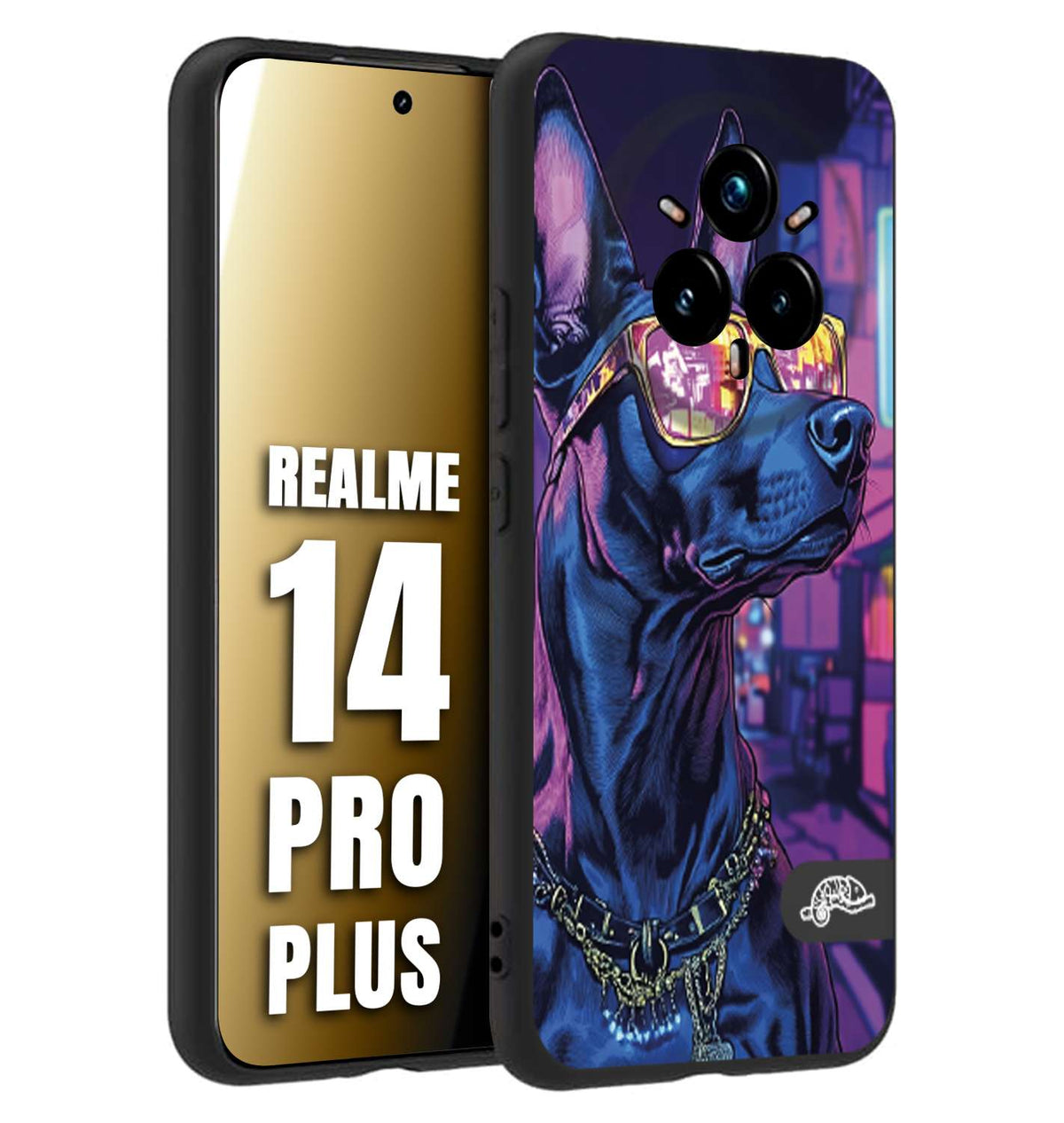 CUSTOMIZZA - Custodia cover nera morbida in tpu compatibile per Realme 14 PRO PLUS animali cyberpunk dobermann cane street dog fucsia blu night