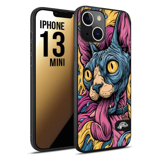 CUSTOMIZZA - Custodia cover nera morbida in tpu compatibile per iPhone 13 MINI Sphynx Colorato Pop Art Psichedelico Gatto Blu Rosa Giallo Artistica Fantasy