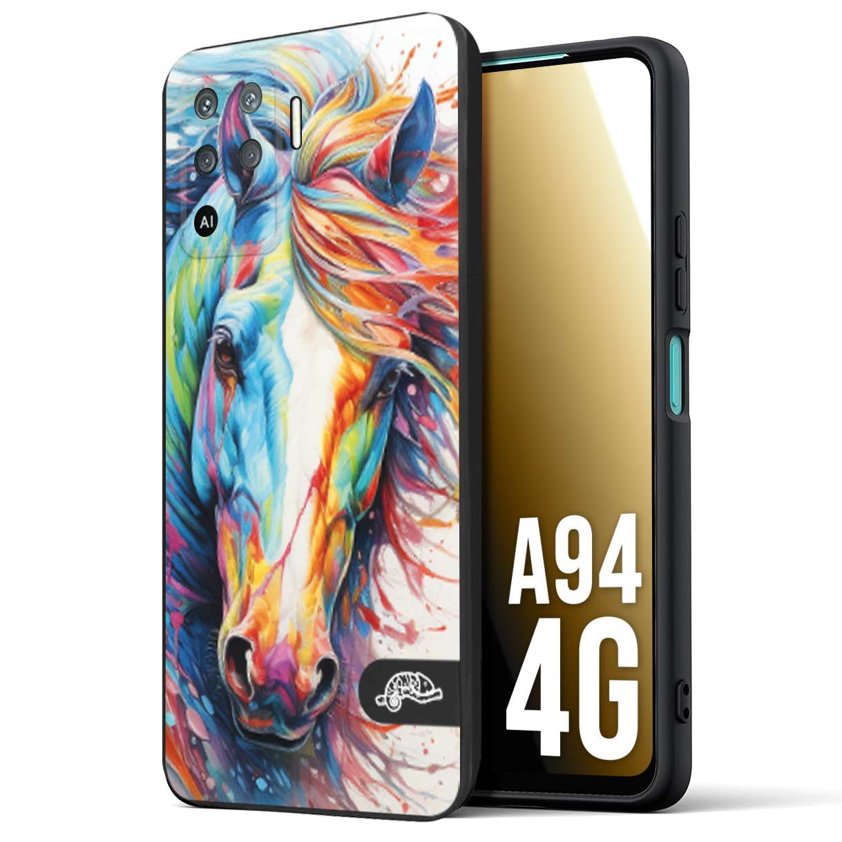 CUSTOMIZZA - Custodia cover nera morbida in tpu compatibile per Oppo A94 4G animali color cavallo horse viso colori vibranti disegnato schizzo