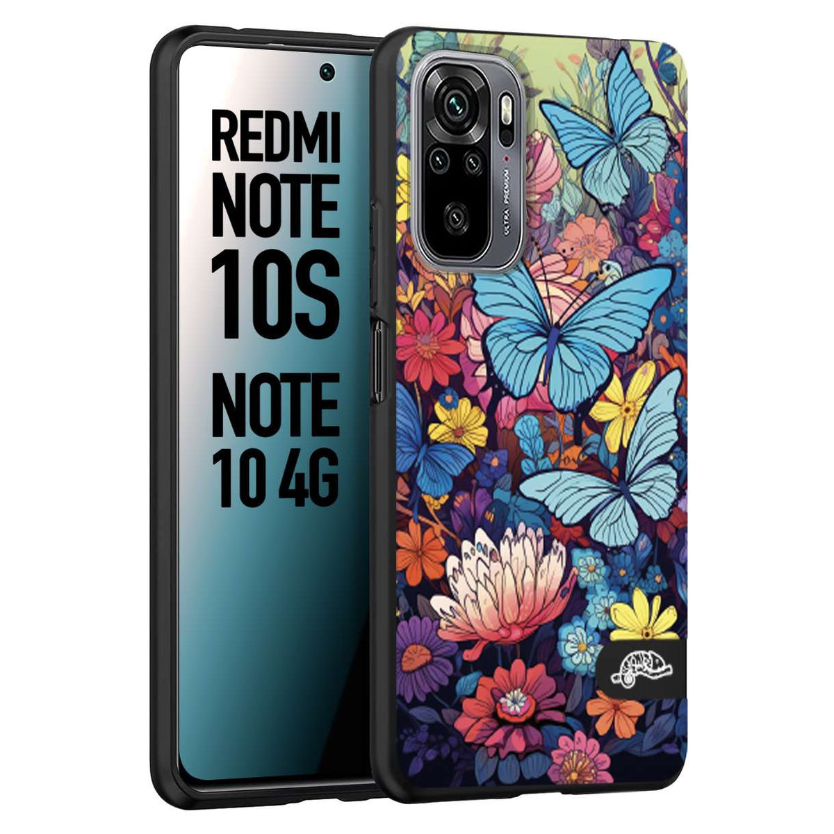 CUSTOMIZZA - Custodia cover nera morbida in tpu compatibile per Xiaomi Redmi Note 10S farfalle butterfly moderno donna disegnate gialla blu rosa