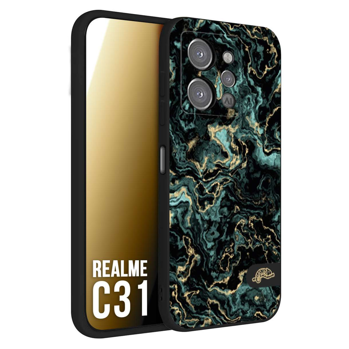 CUSTOMIZZA - Custodia cover nera morbida in tpu compatibile per Realme C31 effetto marmo marble verde green venature dorato pietra