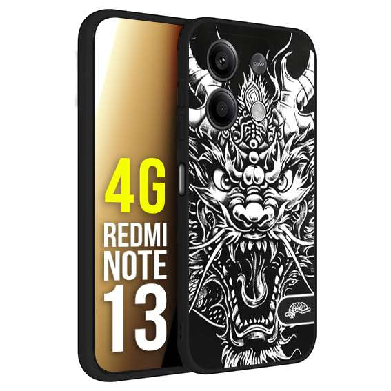 CUSTOMIZZA - Custodia cover nera morbida in tpu compatibile per Xiaomi Redmi Note 13 4G drago black and white bianco a rilievo disegnato tattoo tatuaggio