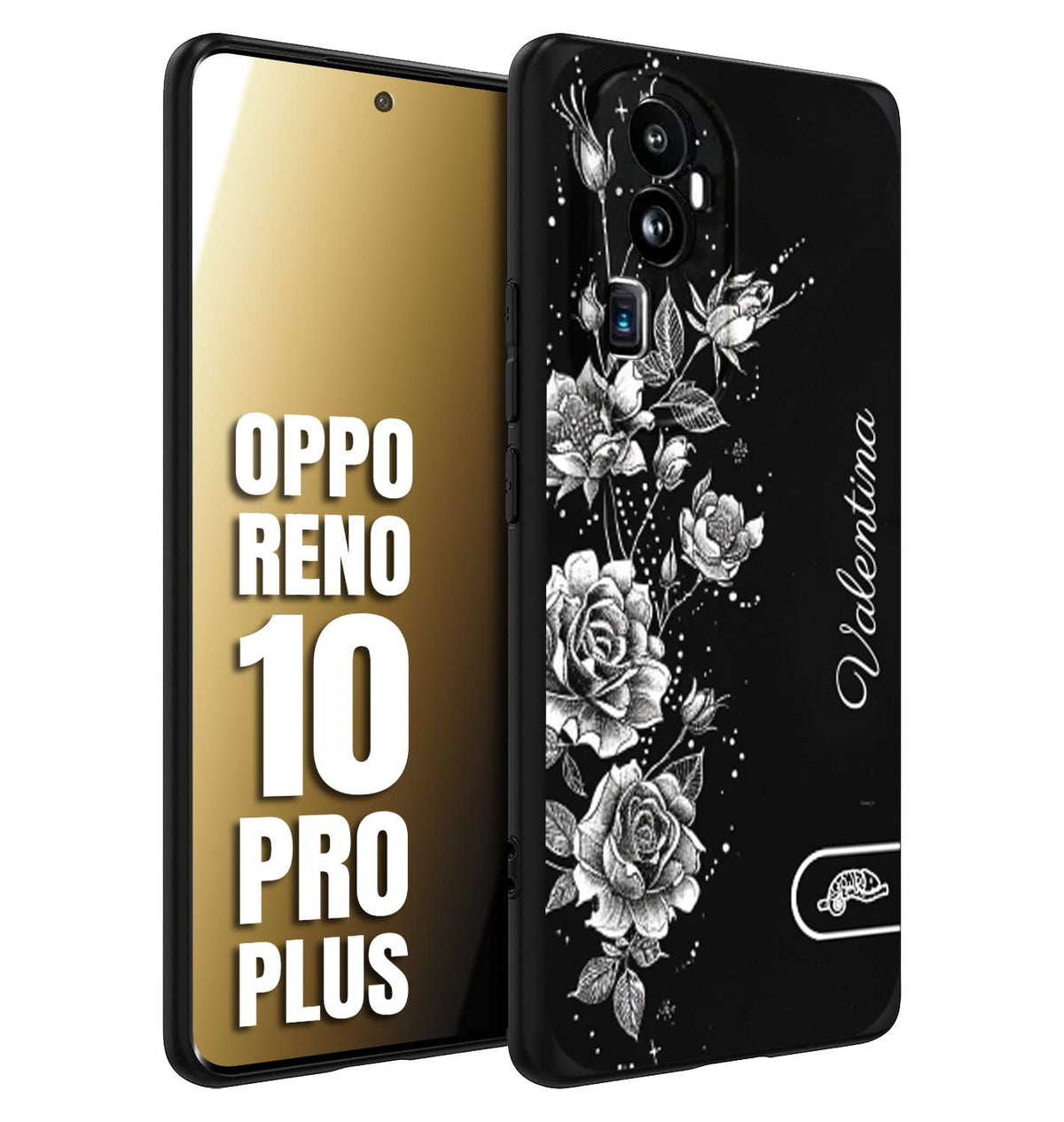 CUSTOMIZZA - Custodia cover nera morbida in tpu compatibile per Oppo Reno 10 PRO PLUS personalizzata rilievo soft touch nome rose fiori donna
